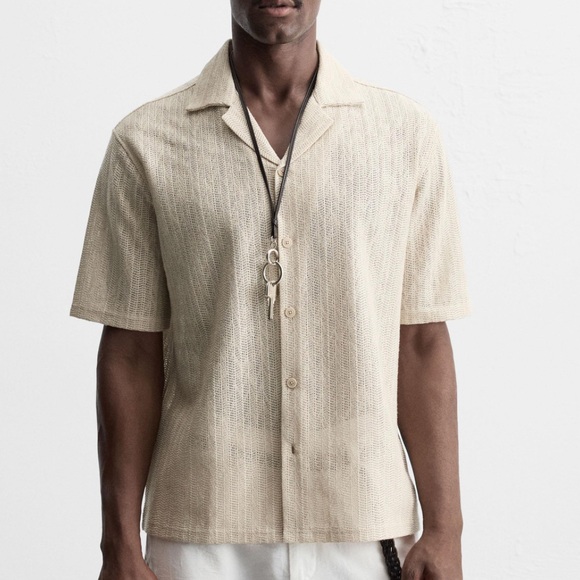 Zara Men's Open Weave Herringbone Textured Brown Button Down Shirt Size XL - Picture 7 of 7